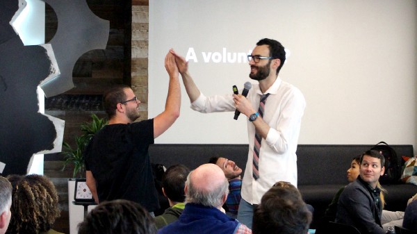 Jake at a talk with Voltage Control in Austin.