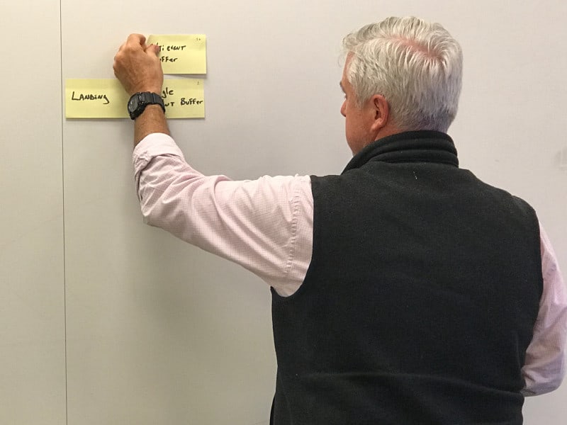 Man placing post it notes on wall