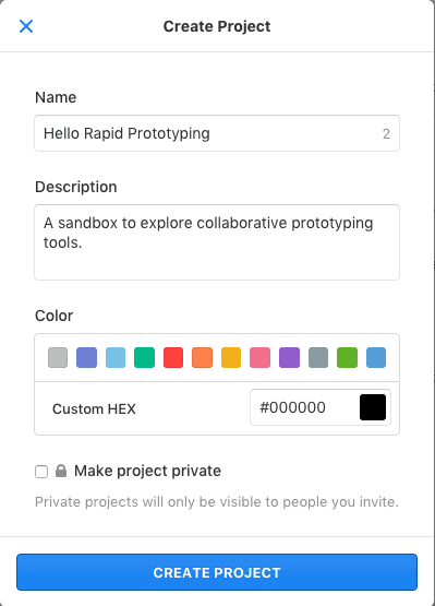 Modal that appears after selecting “New Project”
