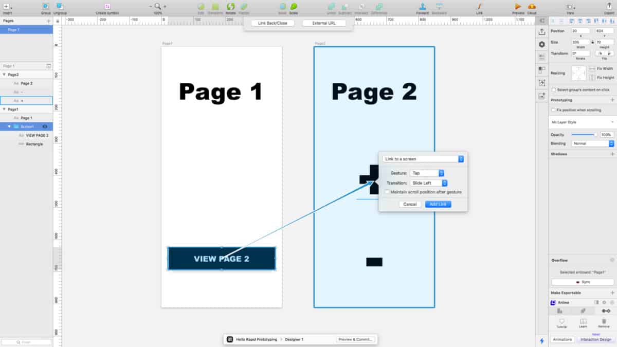 Press X, Press C, Click the button, click artboard Page2 and select Tap and Slide left.