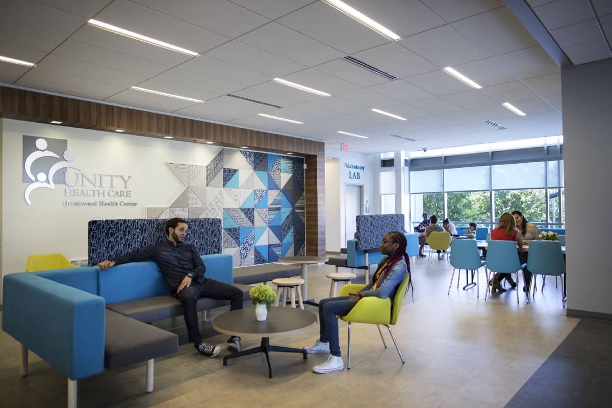 Unity Health Care renovated clinical waiting space. Photo: Wray Ward / Sunbrella