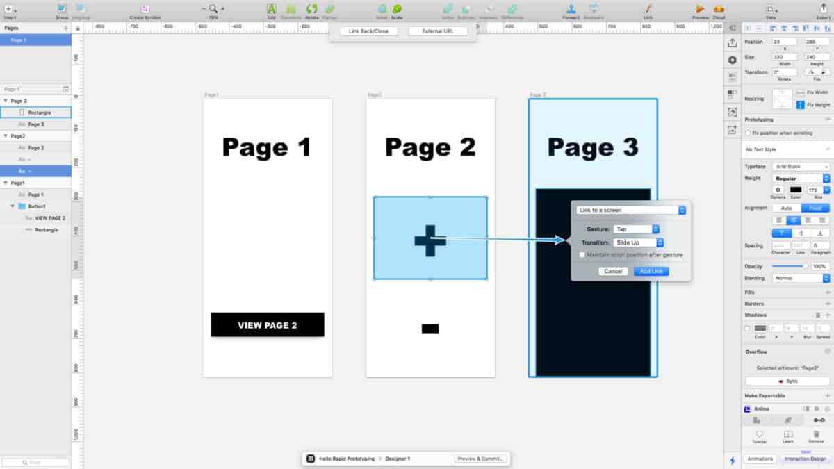 Create Page3, select the + sign and press C, then select Page3 artboard and choose Tap and Slide Up.