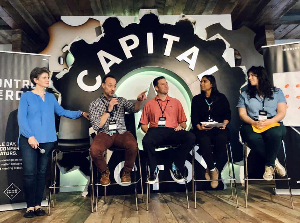 Moderator Kellee Franklin and panelists Jay Melone, John Hawley, Shirpa Kayan, and Sam Schak.