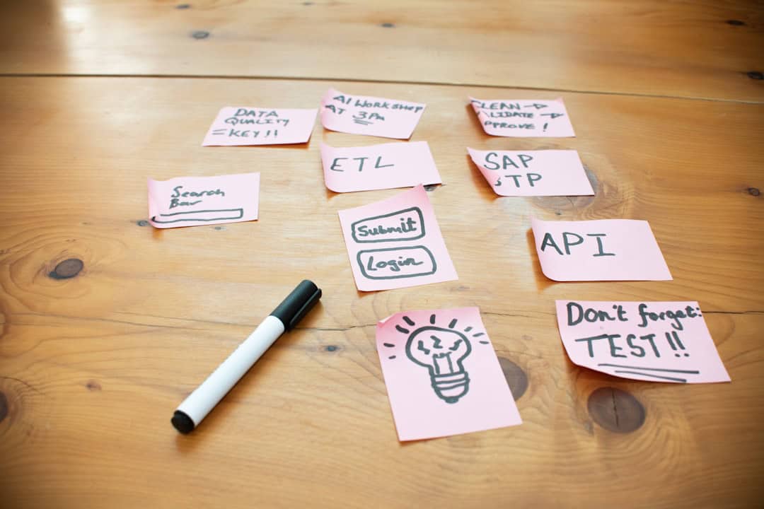 Sticky notes with words and drawings on wooden table. - ai transformation strategy