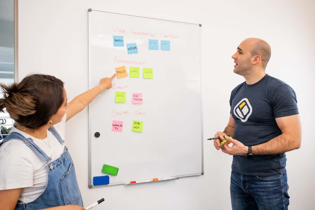 a man and a woman standing in front of a white board - ai retrospective facilitation