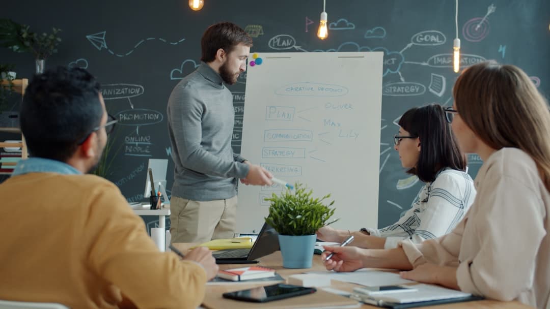 Team collaborating around a whiteboard in a modern office. - facilitation practice at work